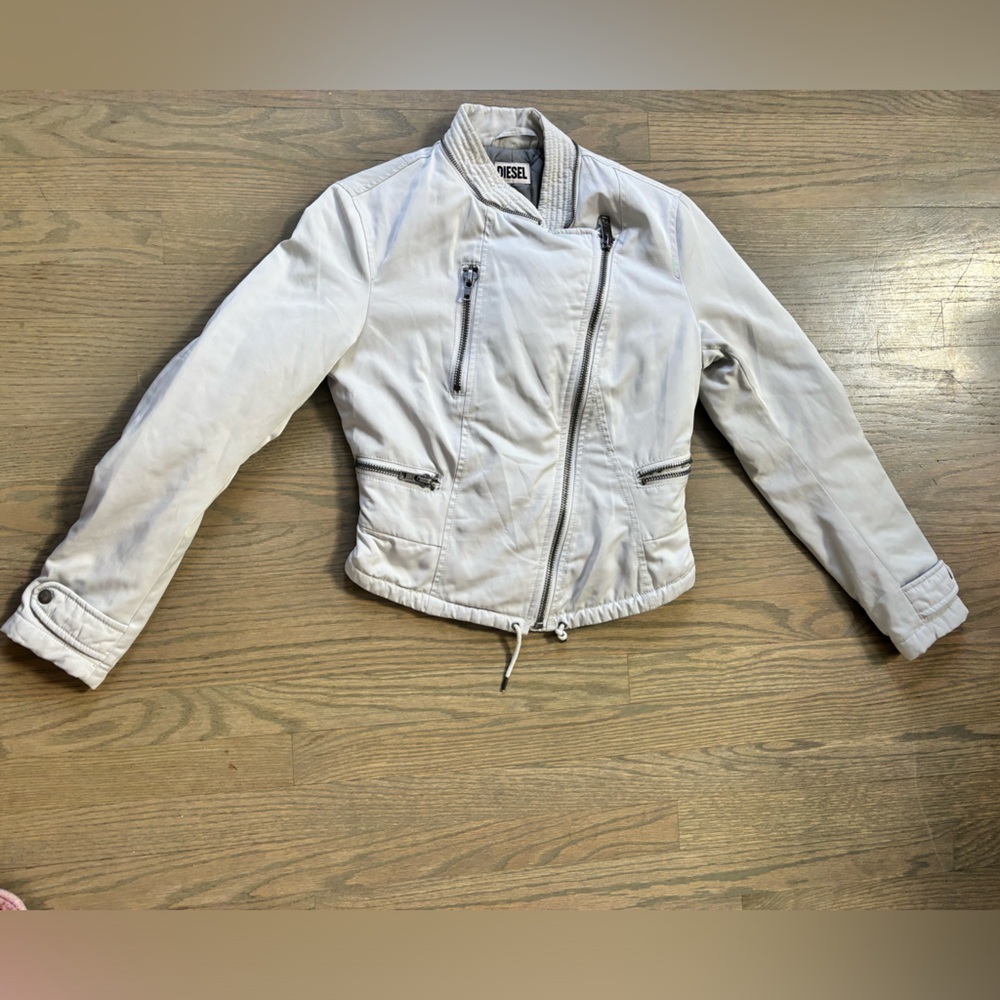 Diesel grey moto-style jacket zippered pockets asymmetrical front zipper m